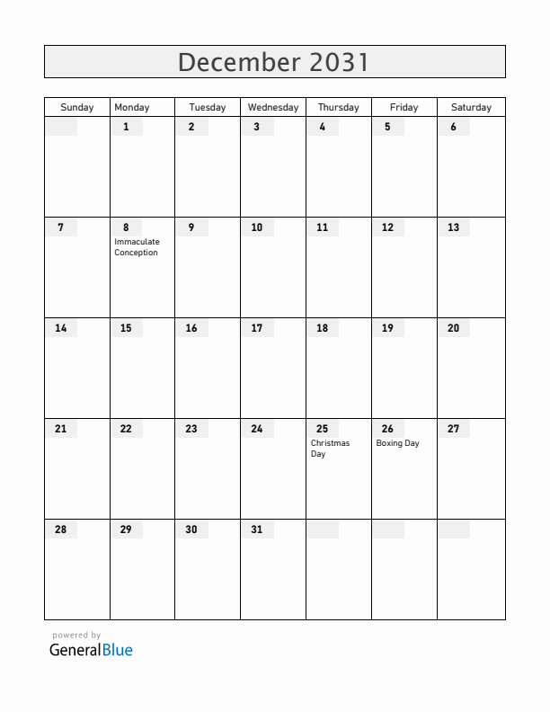 Italy December 2031 Calendar with Holidays