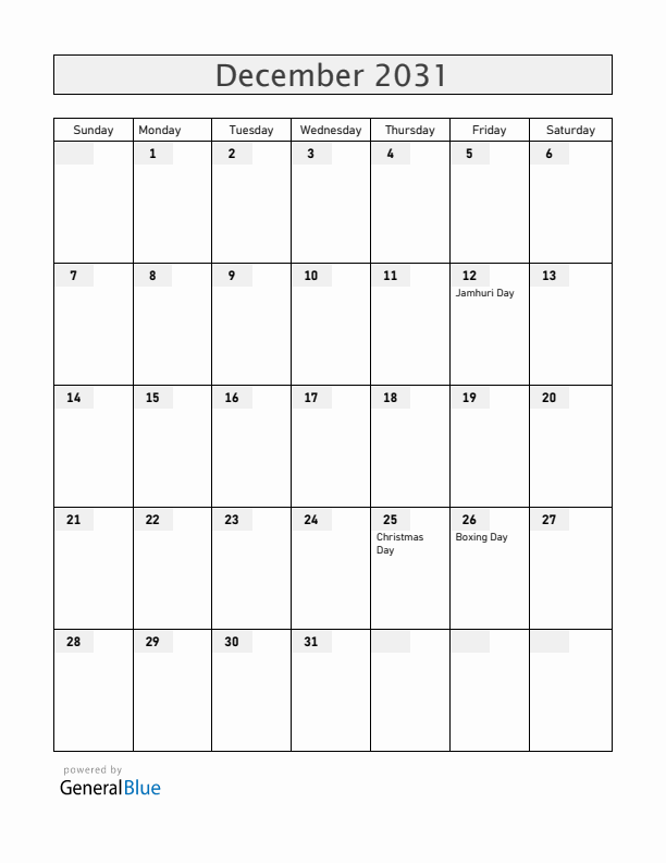 Kenya December 2031 Calendar with Holidays