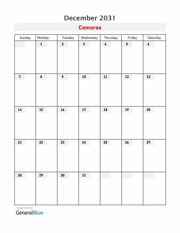 Comoros December 2031 Calendar with Holidays
