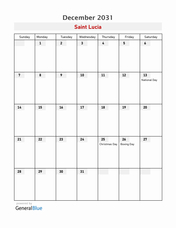 Saint Lucia December 2031 Calendar with Holidays