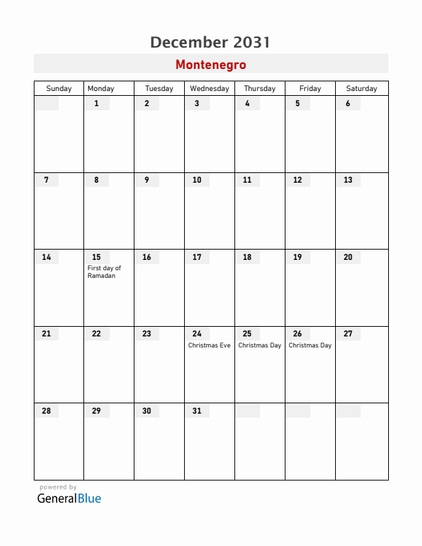 Montenegro December 2031 Calendar with Holidays