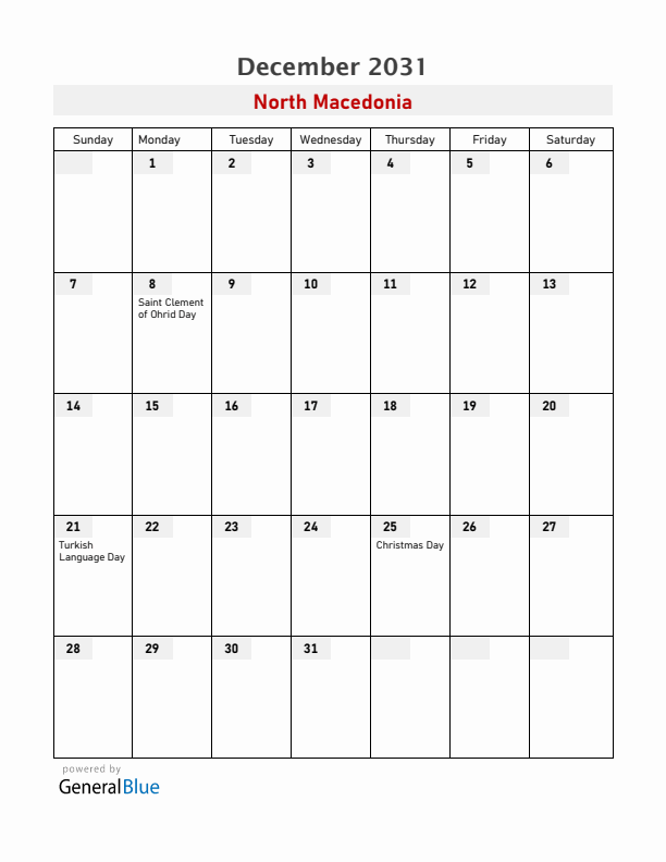 North Macedonia December 2031 Calendar with Holidays