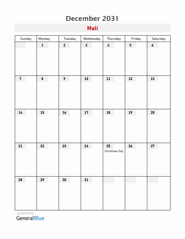 Mali December 2031 Calendar with Holidays