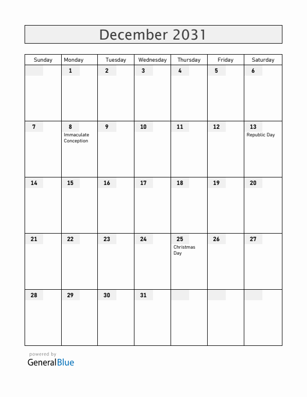 Malta December 2031 Calendar with Holidays