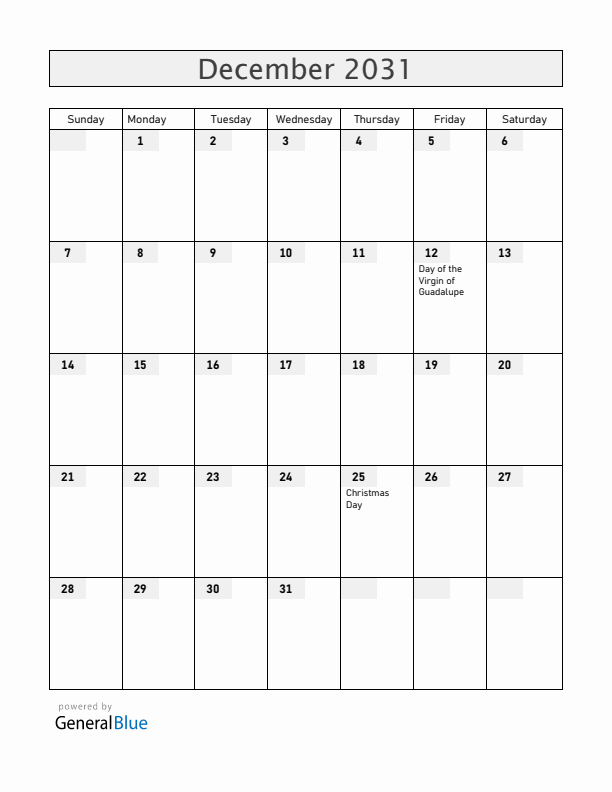 Mexico December 2031 Calendar with Holidays