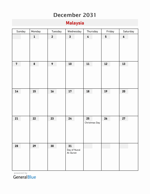Malaysia December 2031 Calendar with Holidays