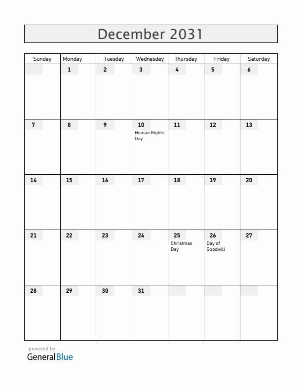 Namibia December 2031 Calendar with Holidays