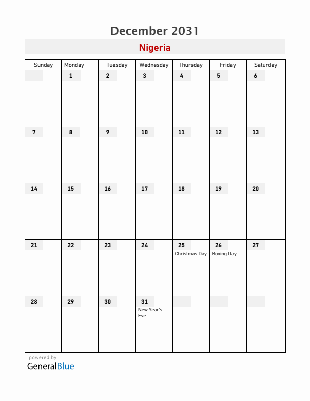 Nigeria December 2031 Calendar with Holidays