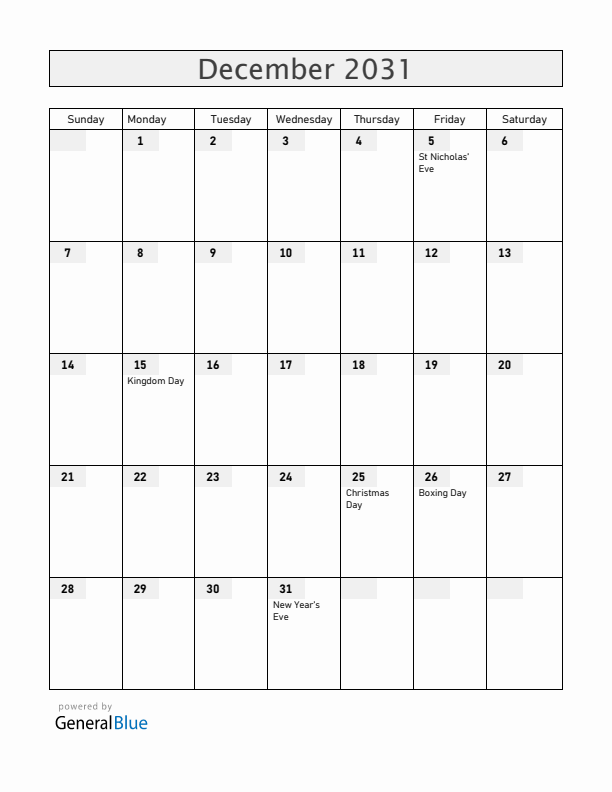 The Netherlands December 2031 Calendar with Holidays
