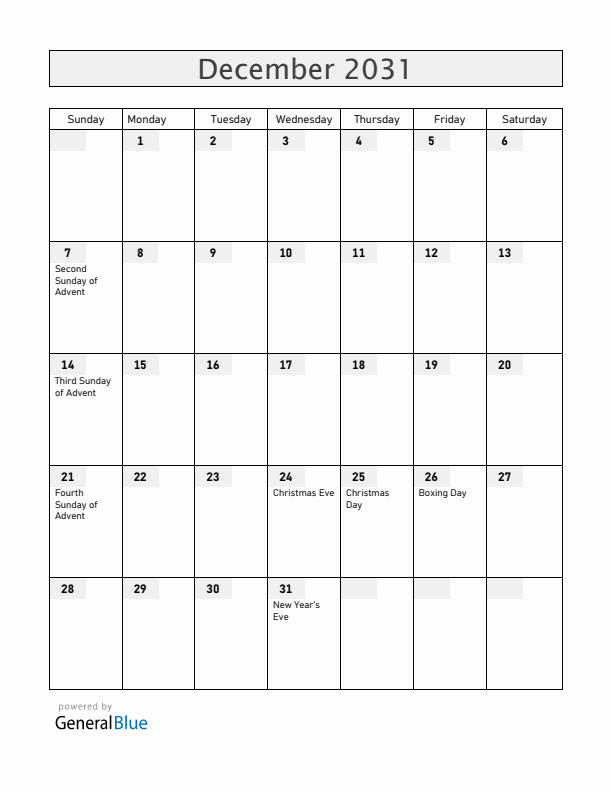 Norway December 2031 Calendar with Holidays