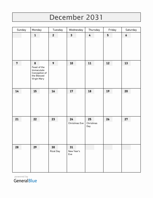 Philippines December 2031 Calendar with Holidays