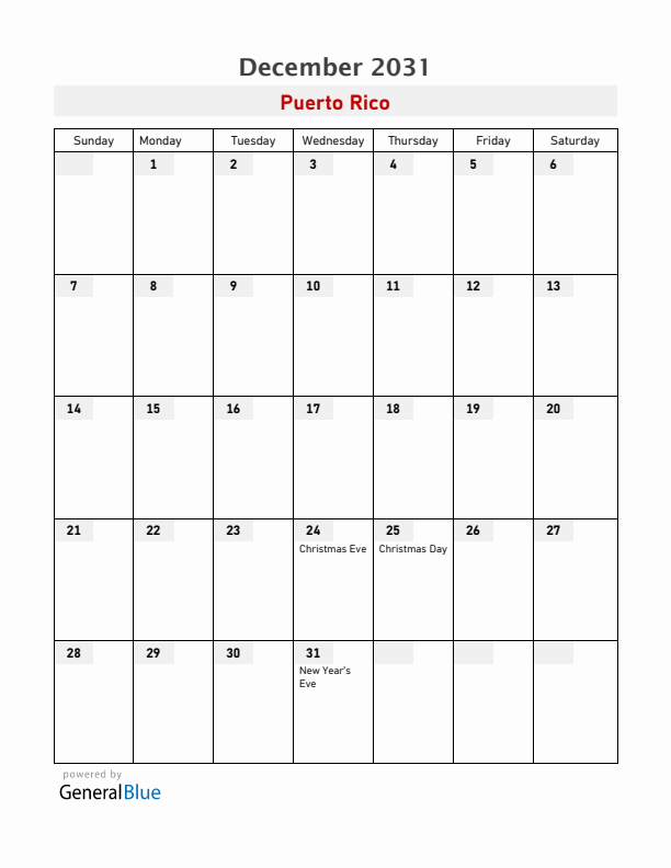 Puerto Rico December 2031 Calendar with Holidays