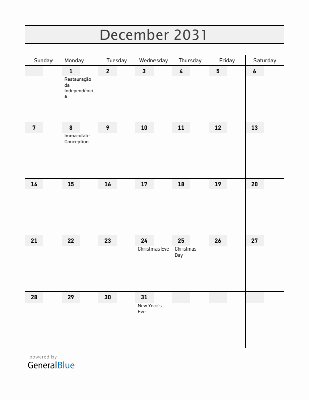 Portugal December 2031 Calendar with Holidays