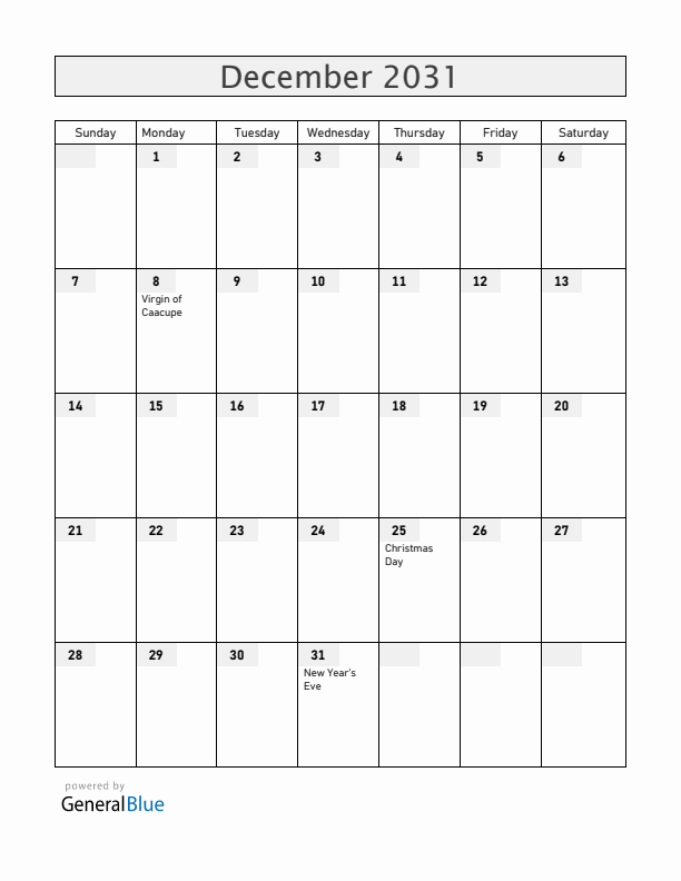 Paraguay December 2031 Calendar with Holidays