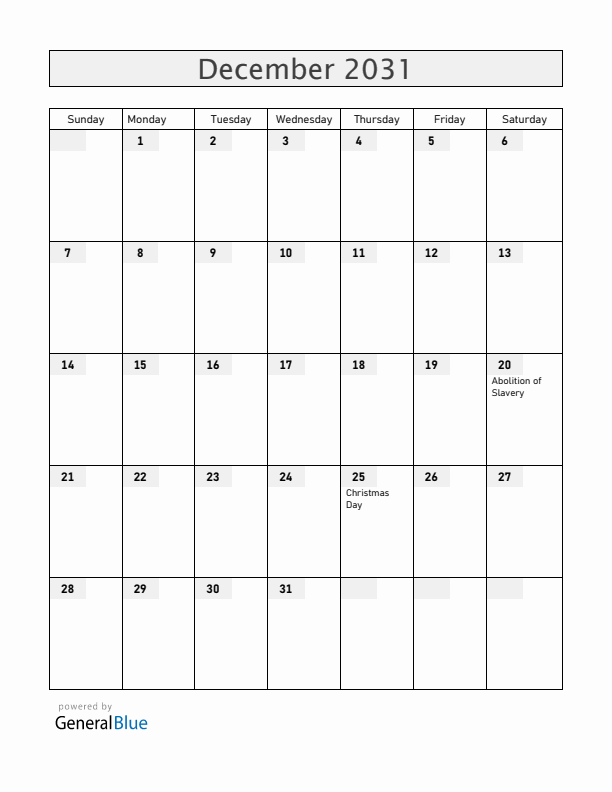 Reunion December 2031 Calendar with Holidays