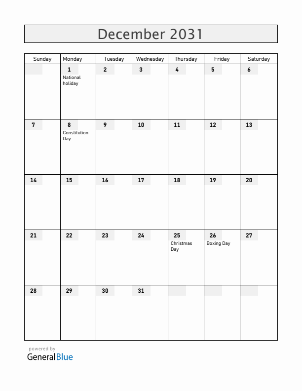 Romania December 2031 Calendar with Holidays