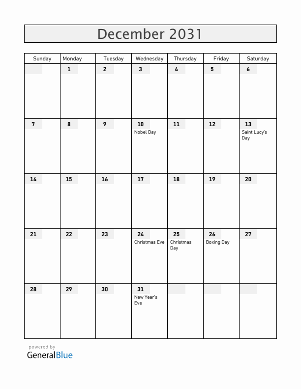 Sweden December 2031 Calendar with Holidays