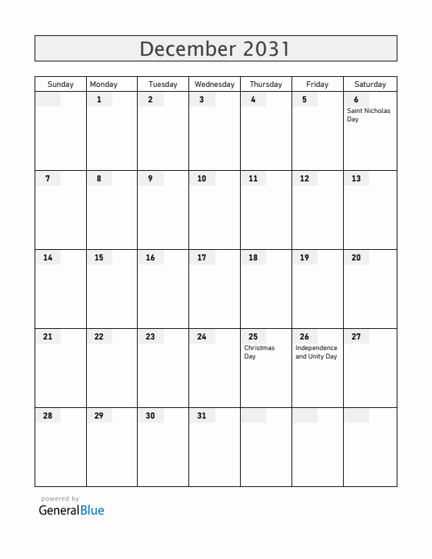 Slovenia December 2031 Calendar with Holidays
