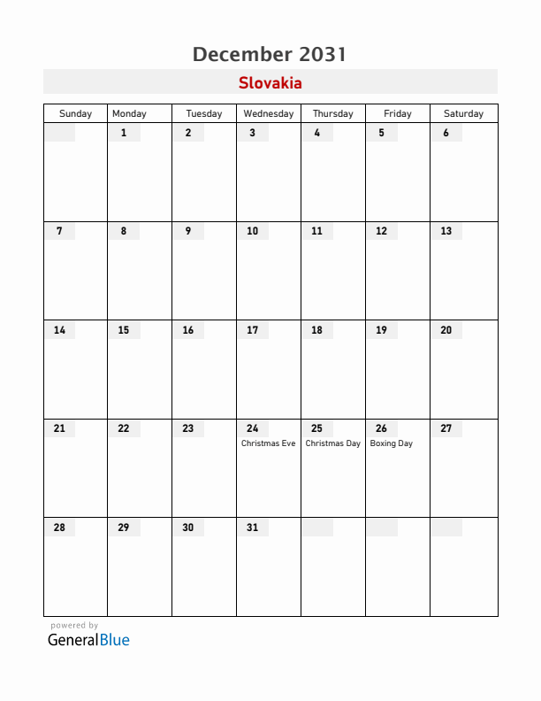 Slovakia December 2031 Calendar with Holidays