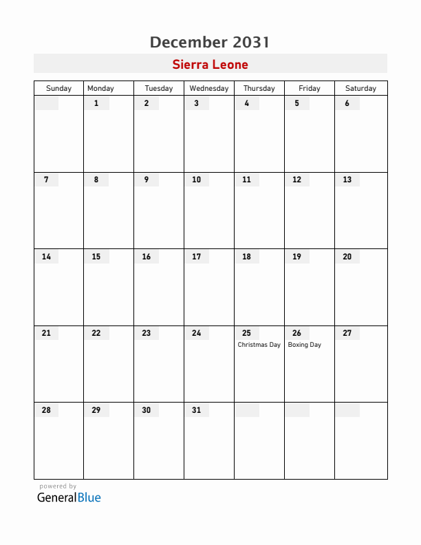 Sierra Leone December 2031 Calendar with Holidays