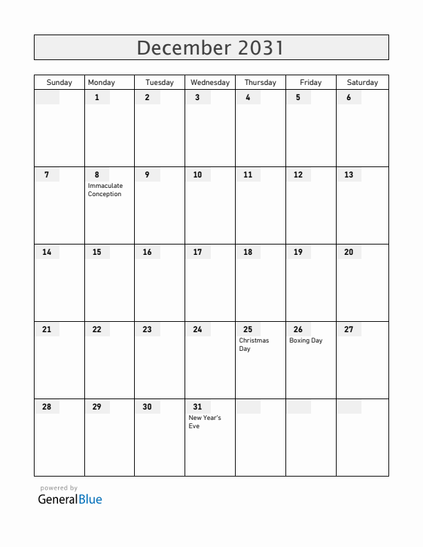 San Marino December 2031 Calendar with Holidays
