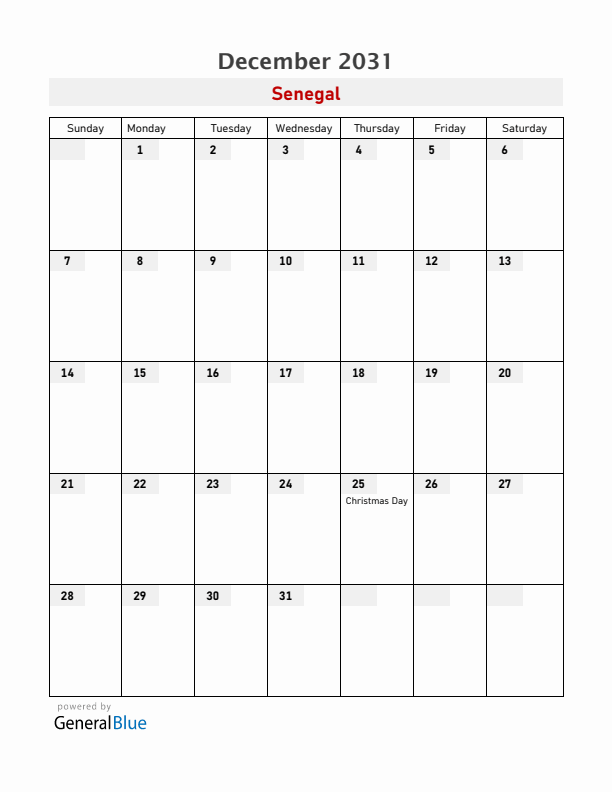 Senegal December 2031 Calendar with Holidays