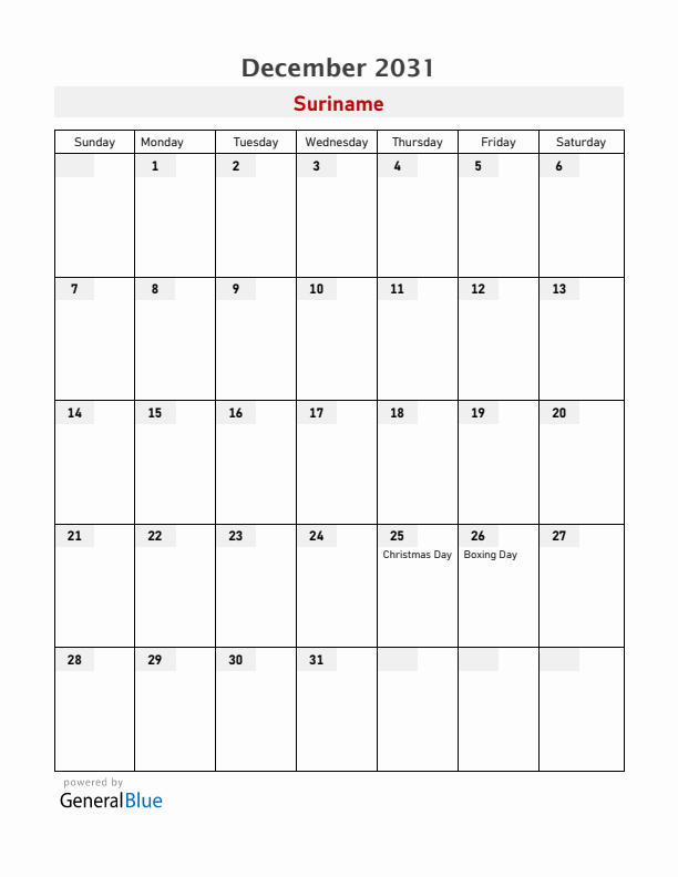 Suriname December 2031 Calendar with Holidays