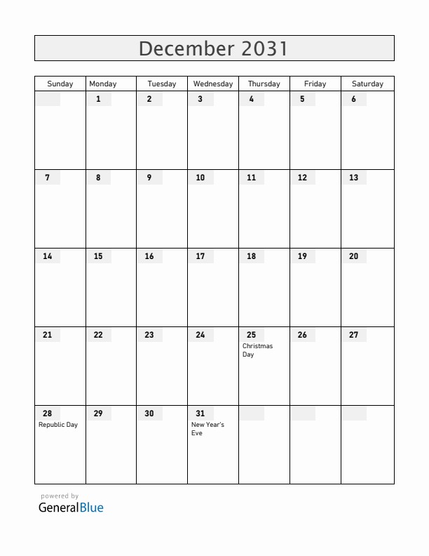 South Sudan December 2031 Calendar with Holidays