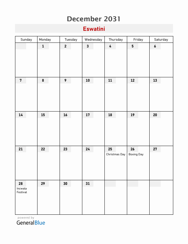 Eswatini December 2031 Calendar with Holidays