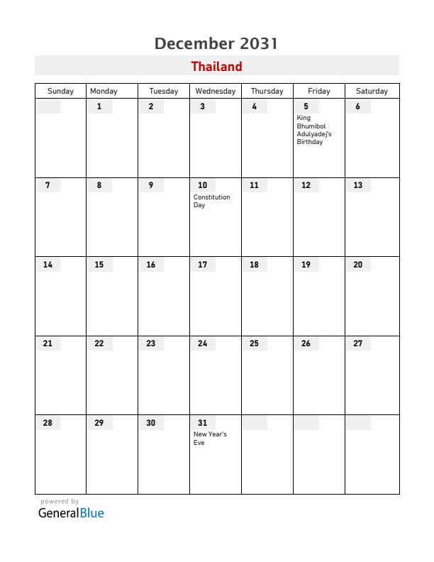 Thailand December 2031 Calendar with Holidays