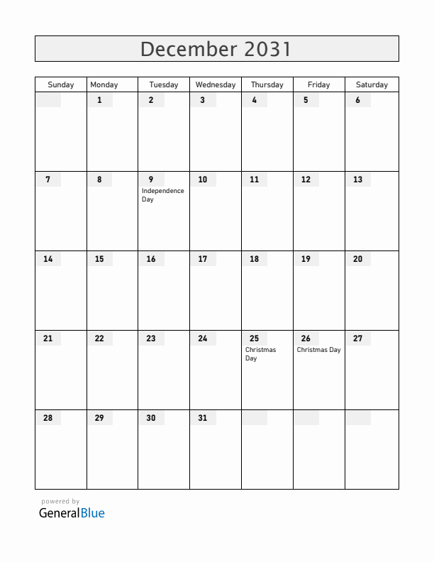 Tanzania December 2031 Calendar with Holidays