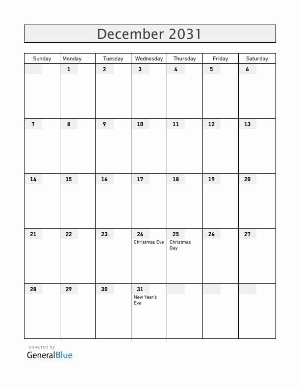 Uruguay December 2031 Calendar with Holidays