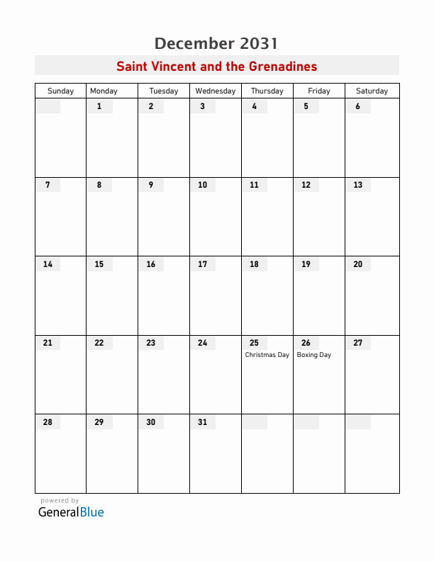 Saint Vincent and the Grenadines December 2031 Calendar with Holidays