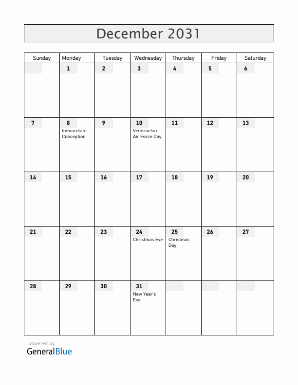 Venezuela December 2031 Calendar with Holidays
