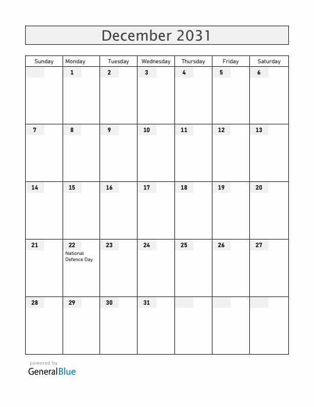 Vietnam December 2031 Calendar with Holidays