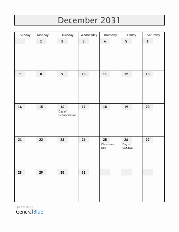 South Africa December 2031 Calendar with Holidays