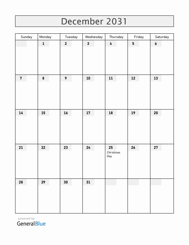 Zambia December 2031 Calendar with Holidays
