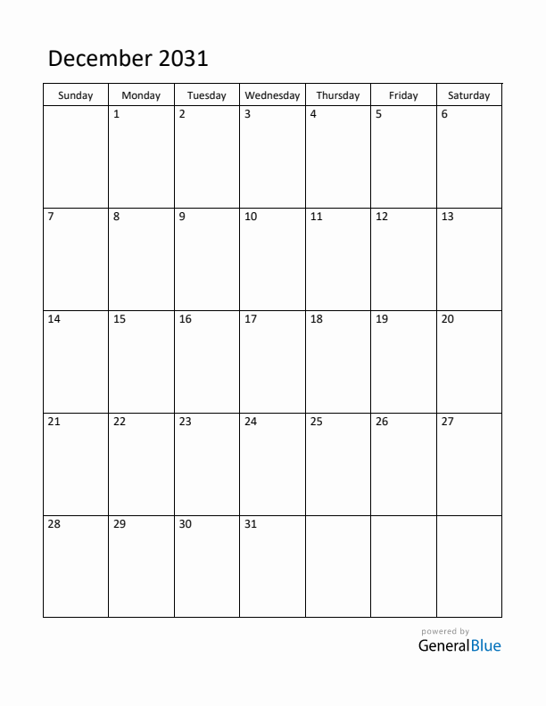 Sunday Start Calendar for December 2031