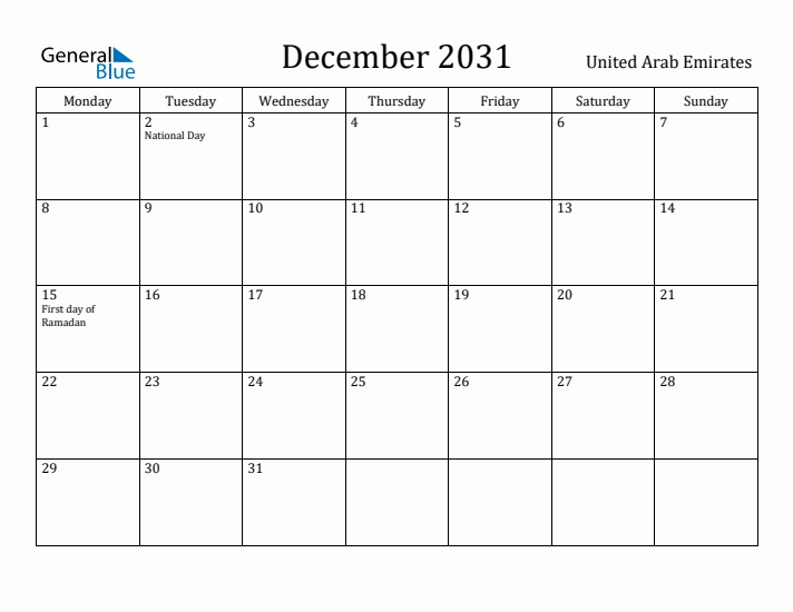 December 2031 Calendar United Arab Emirates