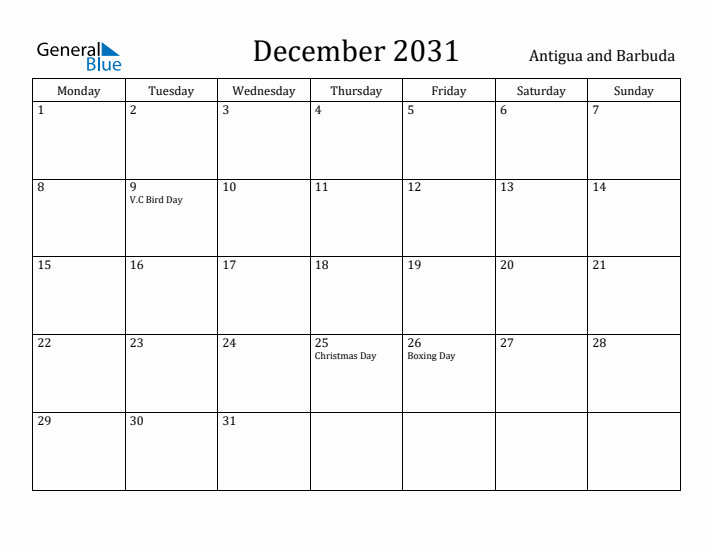 December 2031 Calendar Antigua and Barbuda