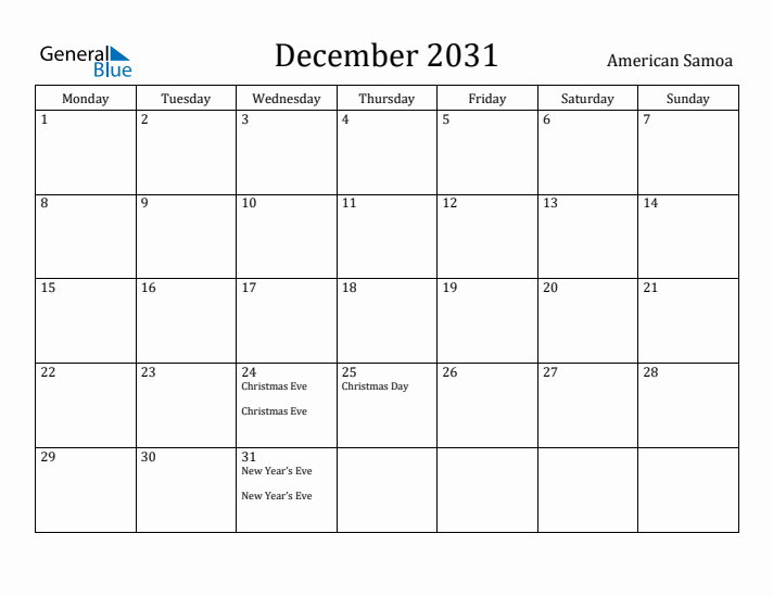 December 2031 Calendar American Samoa