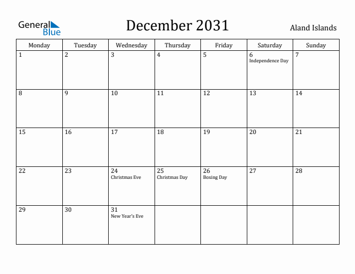 December 2031 Calendar Aland Islands