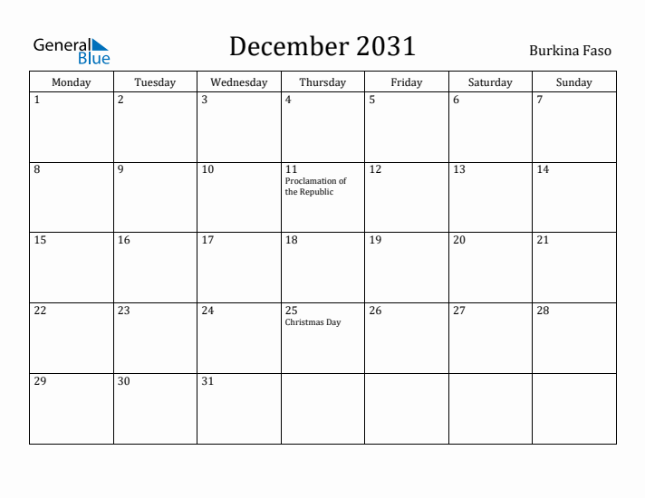 December 2031 Calendar Burkina Faso