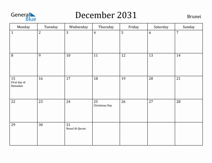 December 2031 Calendar Brunei