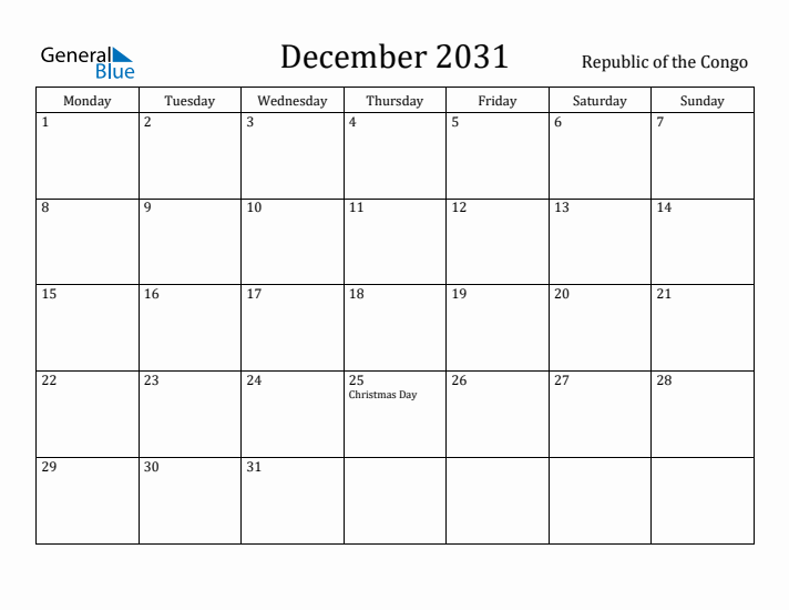 December 2031 Calendar Republic of the Congo