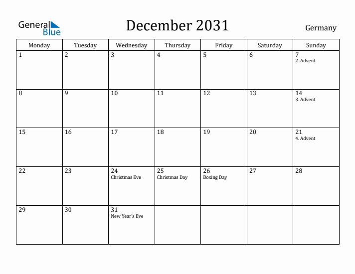 December 2031 Calendar Germany