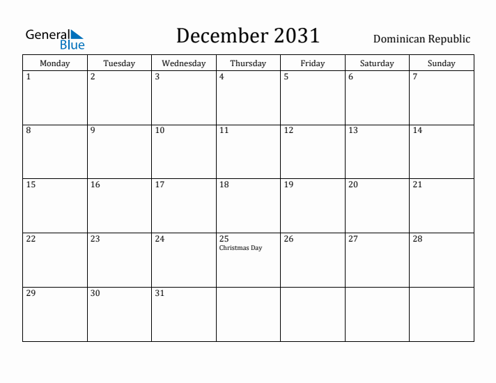 December 2031 Calendar Dominican Republic