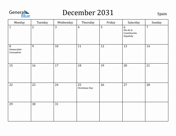 December 2031 Calendar Spain