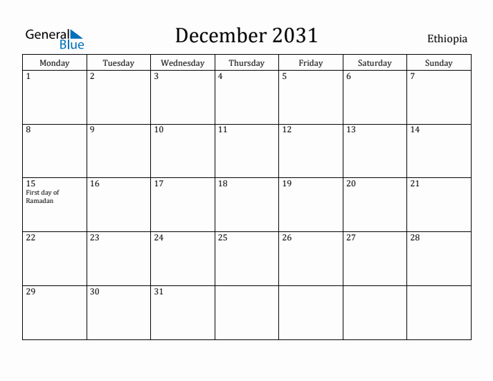 December 2031 Calendar Ethiopia