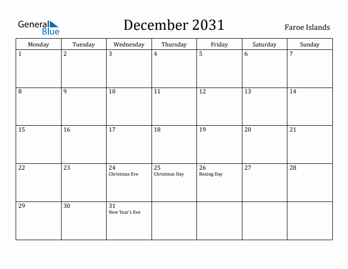 December 2031 Calendar Faroe Islands